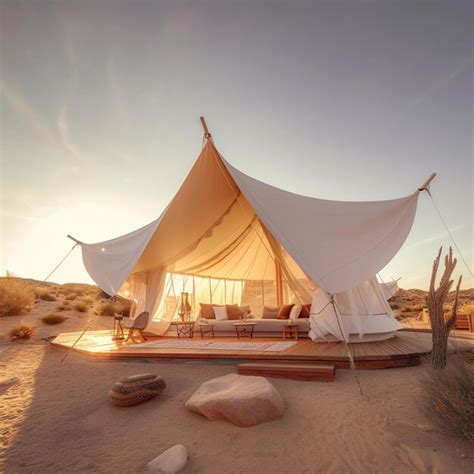 Premium Photo | Tents are set up in the desert with a couch and pillows generative ai