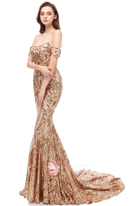 Off-shoulder Champagne Gold Sequin Mermaid Prom Dress - Lunss