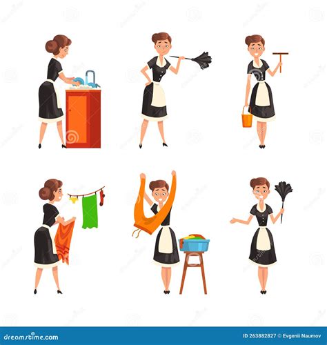 Smiling Maid or Housemaid in Black Dress and White Apron Dusting