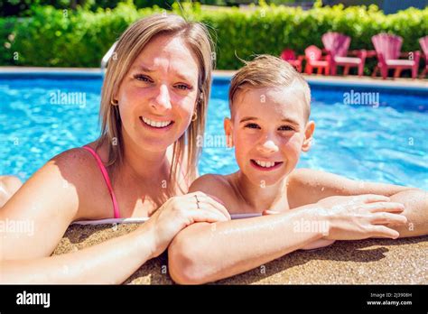mother  son  fun  swimming pool stock photo alamy