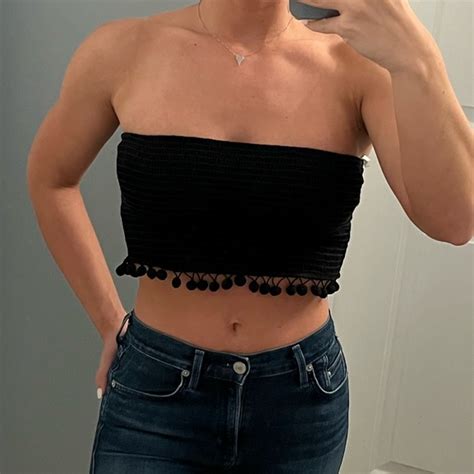 Wild Honey | Tops | Wild Honey Black Smocked Crop Top W Pom Poms | Poshmark