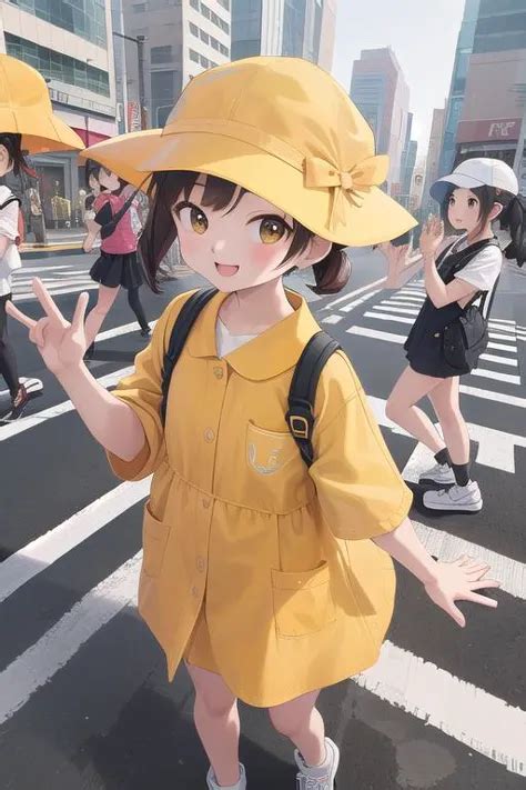 anime girl  yellow raincoat  hat crossing street   girls