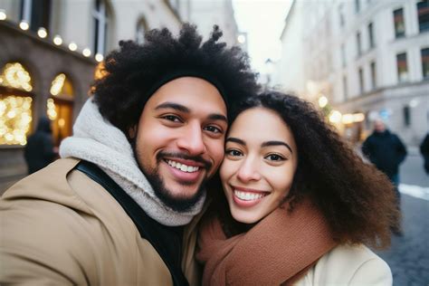 AI Generated Interracial couple in city on winter Europe vacation