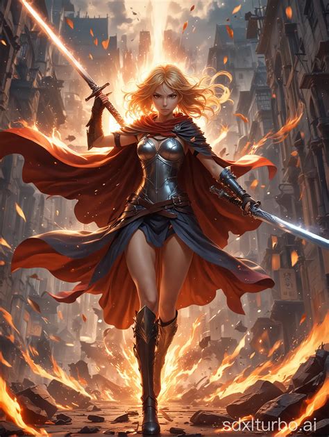 Epic Anime Girl Battle Poster Dynamic SwordWielding Heroine in Fiery