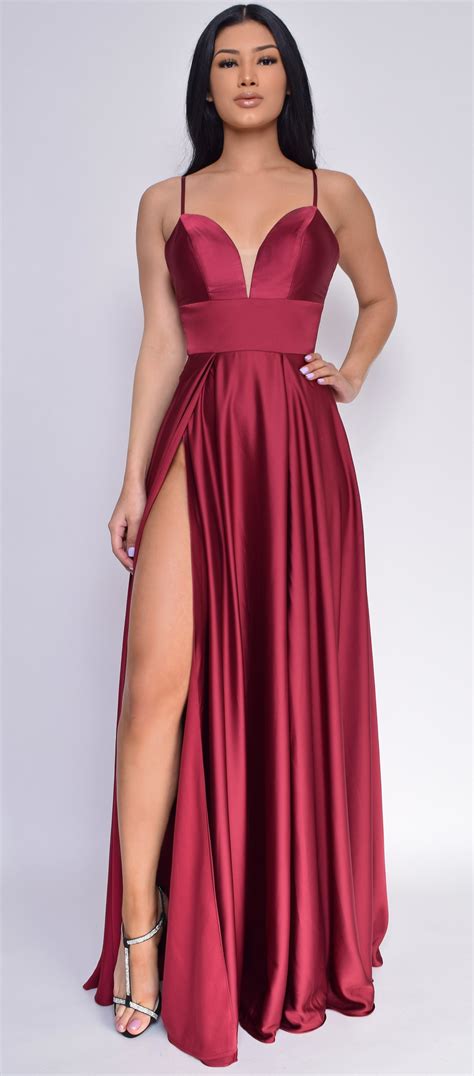 Peighton Burgundy Red Double Slit Satin Gown – Emprada
