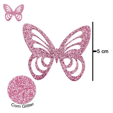 Aplique de EVA com Glitter Borboleta Vazada Rosa Ref.B604 com 10 Und ...