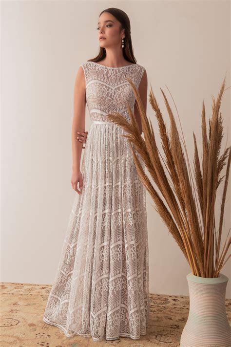 Classic Boat Neck Wedding Dress, Lace Wedding Dress, Boho Wedding Dress
