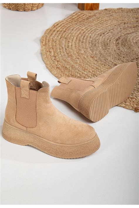 Mc vay Shoes 014 Chelsea Nude Süet Lastikli Detaylı Şık Kadın Bot