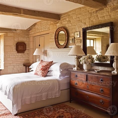 Antique cottage bedroom decor, interior design and holiday rental, bed