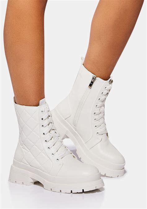 Vegan Leather Quilted Combat Boots - White | Dolls Kill