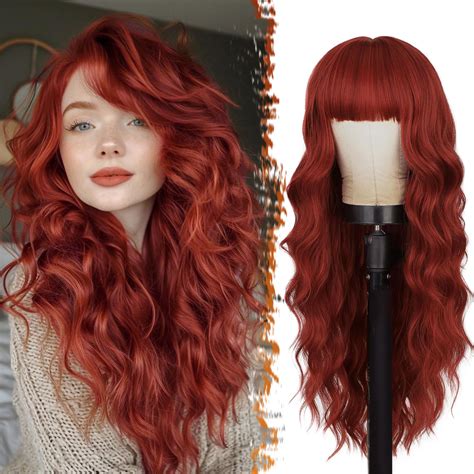BARSDAR Long Wavy Copper Red Wig With Bangs - 26 Inch Long Wavy Red Wig