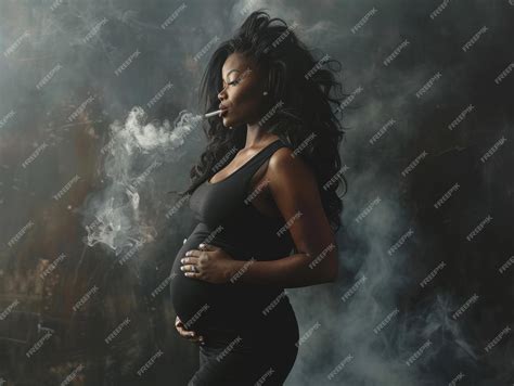 Pregnant woman smoking with flowing hair and smoke swirling in the
