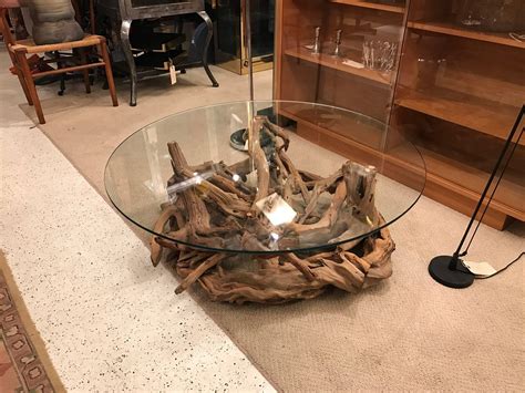Round Driftwood Coffee Table with Glass Top at 1stDibs | round