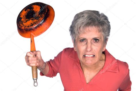 Angry woman with frying pan ⬇ Stock Photo, Image by © kelpfish #7637377