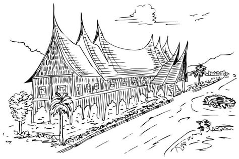 Sketch of Gadang House, West Sumatera Traditional Building, Indonesia