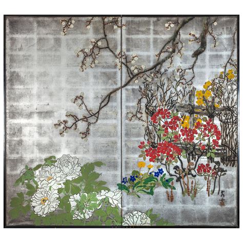 Japanese Two-Panel Screen Spring Flowers For Sale at 1stDibs