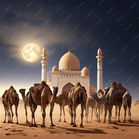 Premium Vector | Arabia sahara mosque a herd of camels eid mubarak