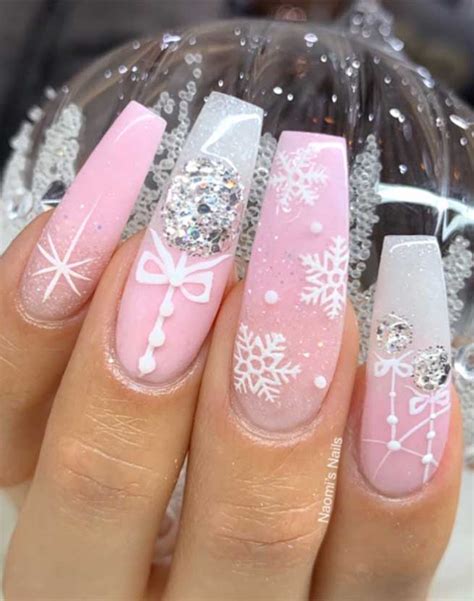 57 Festive Christmas Nail Art Ideas : Snowflake on pink nails