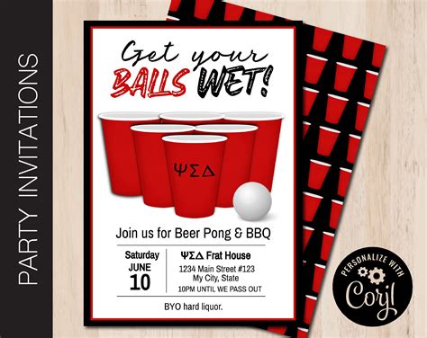 Editable BEER PONG BBQ Party Invitation Fraternity Party Men Birthday