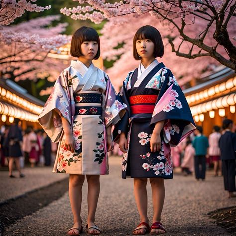 Japanese sisters visiting a summer festival with festival - AI