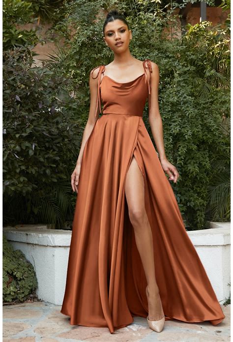 soraya satin cowl neck bridesmaids maxi dress  side split rust