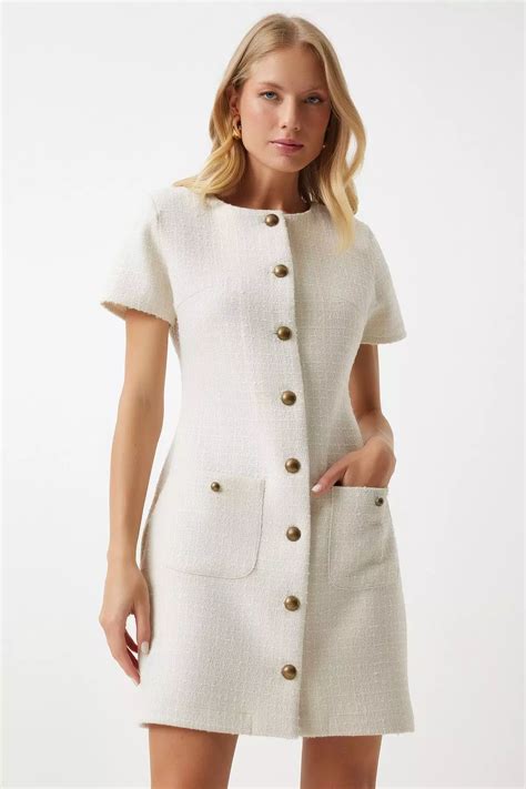 Happiness Istanbul Ecru Straight Mini Short Waist Sitting Dress 2025