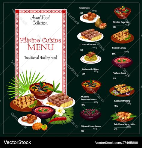 Filipino restaurant menu asian dishes and price Vector Image