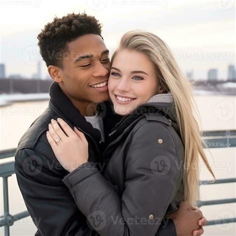 Loving teenage interracial couple is enjoying a romantic winter day AI