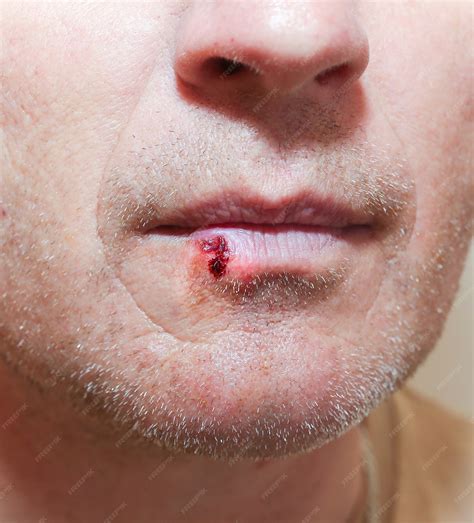 Premium Photo | Herpes infection on the lips. wound with blood on man's