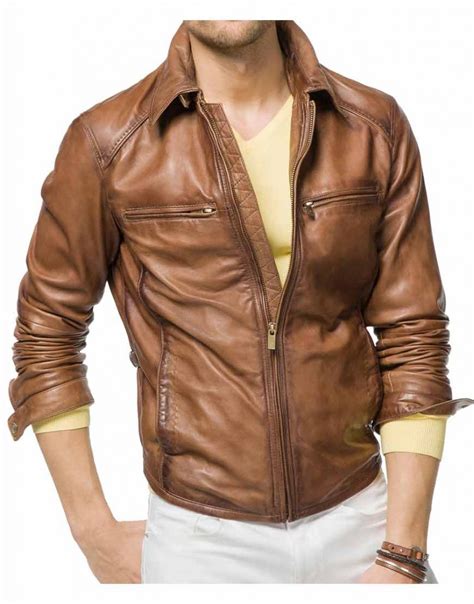 Designer Mens Tan Brown Leather Biker Jacket - UJackets