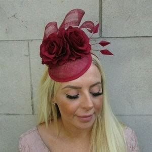 Burgundy Wine Maroon Red Rose Flower Feather Hat Fascinator Races ...