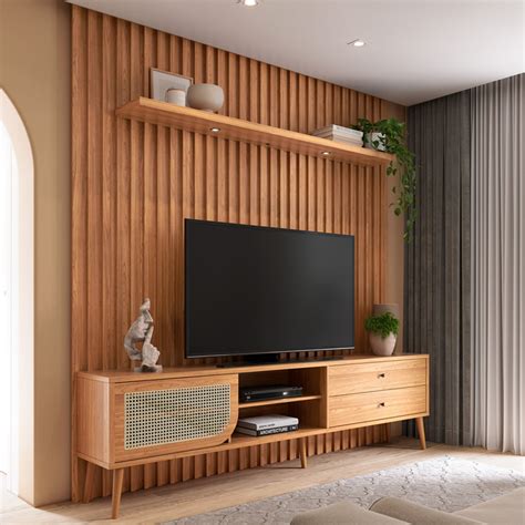 Sala Com Painel E Rack - Rack Para Sala com Painel Ripado Para TV 60 Pol Fita LED Ada D03 Freijó ...