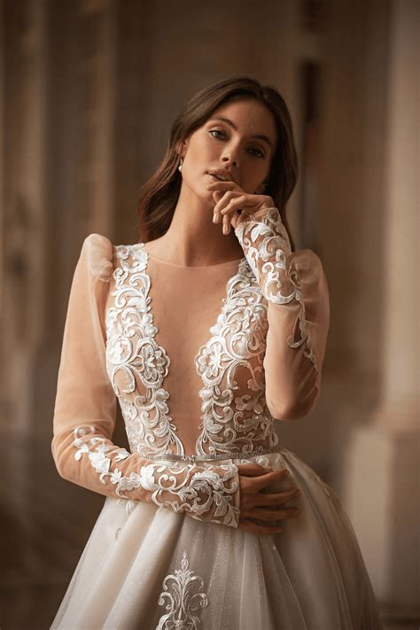 Ivory Lace Wedding Gown Long Sleeve - Aline Ball Gown Wedding Dress wi