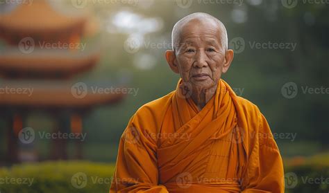 An elderly Asian monk in an orange robe, serene expression, seated