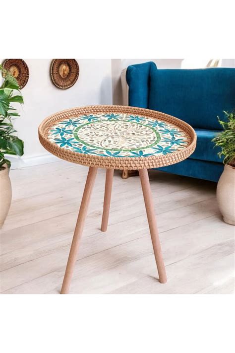 Toprak Design Mavi Rattan Sedef Sehpa (40cm çap) , Hasır Bambu bohem ...