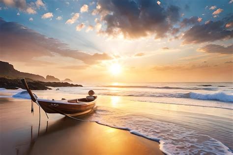 Premium Photo | A boat on a beach with a sunset in the background