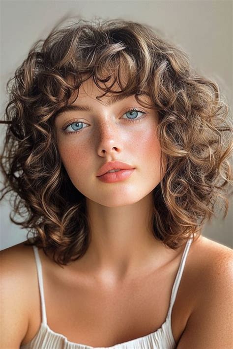 50 Chic Shoulder-Length Haircuts with Bangs : Voluminous Curly Bob with ...