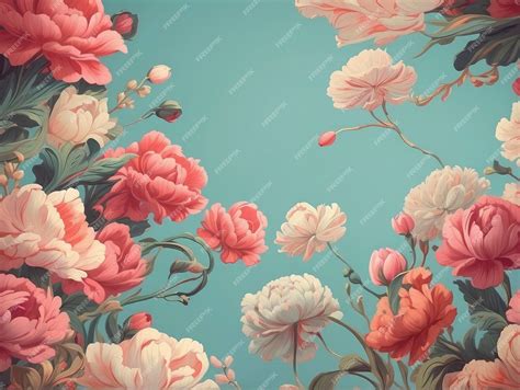 A floral wallpaper with pink and white flowers on a blue background