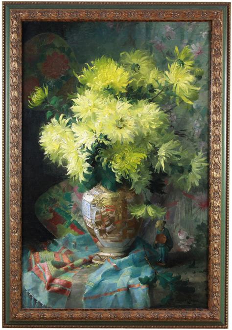 Louise Coupé - Oil On Canvas Still Life With Flowers And Japanese