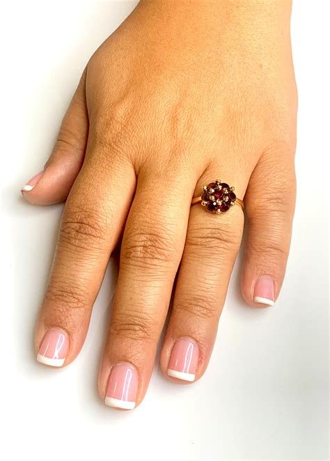 Garnet Flower Ring, Garnet Jewelry Vintage, Garnet Gold Ring 18k