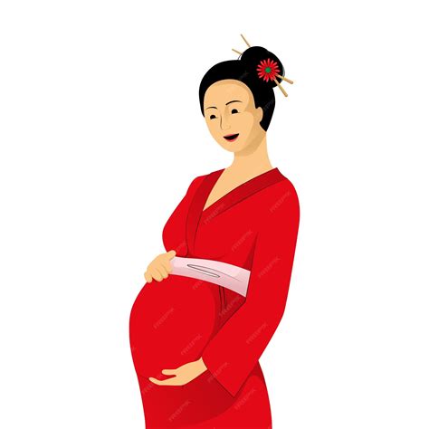 Premium Vector | Japanese pregnant woman in red kimono tenderly holds