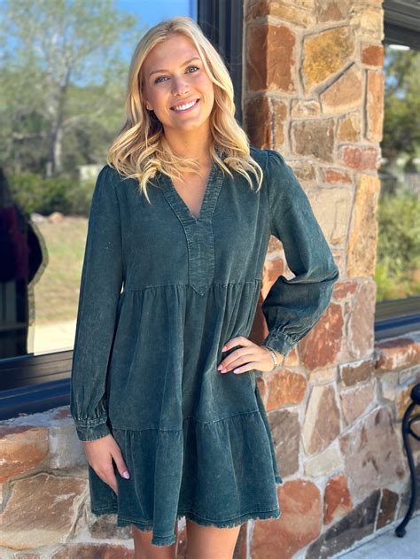 Umgee Corduroy Hunter Green Babydoll Dress | the Weatherford Boutique & Salon