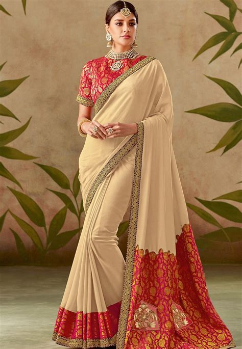 beige silk embroidery saree with brocade blouse 13108