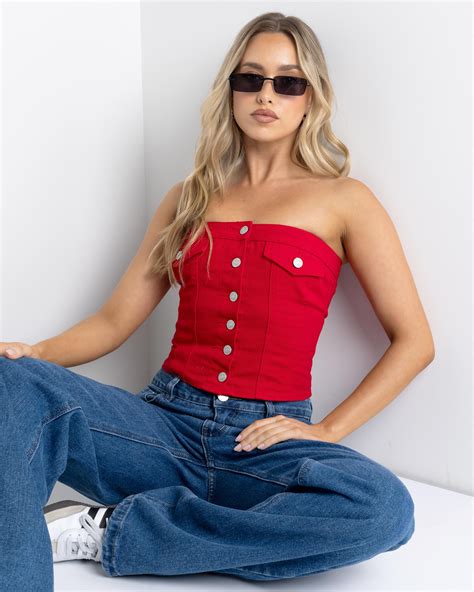 Shop Ava And Ever Nicole Denim Tube Vest In Red - Fast Shipping & Easy