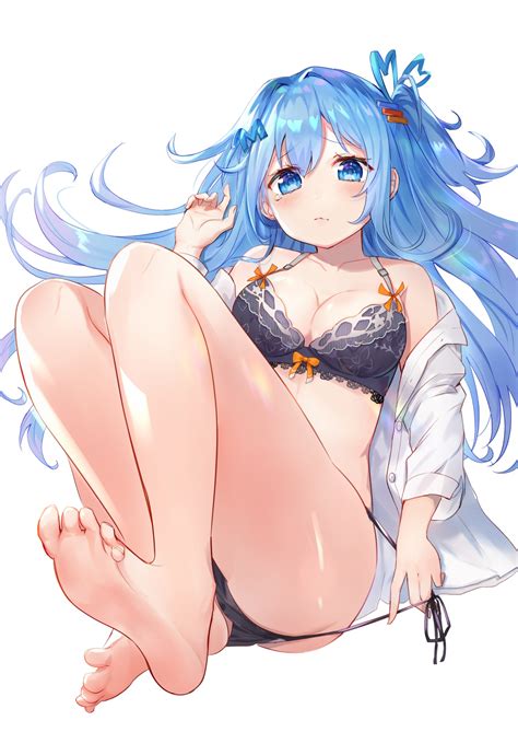 Omelettomato, blue hair, blue eyes, tears, feet, cleavage, anime, 2D