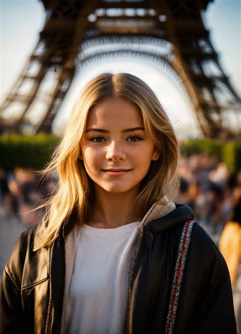 Lexica - A 12yo blonde latin girl, happy posing for a photo in front of