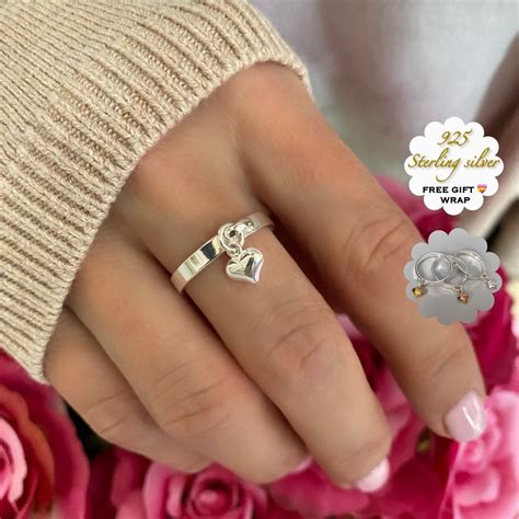 sterling silver heart charm ring silver band ring minimalist ring