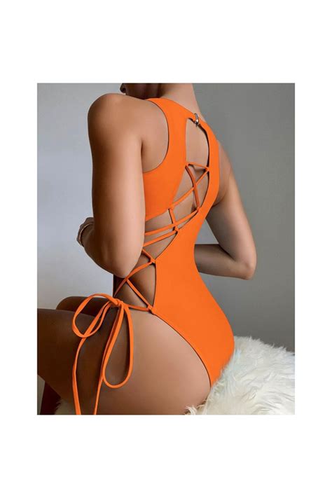Orange Strappy Back One-Piece Swimsuit with Side Ties | EZRA
