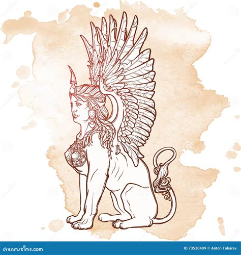 Sketch Drawing of Sitting Sphinx Isolated on Grunge Background. Stock ...