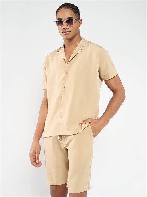 buy mens beige cuban collar solid casual  ords set  showoffff